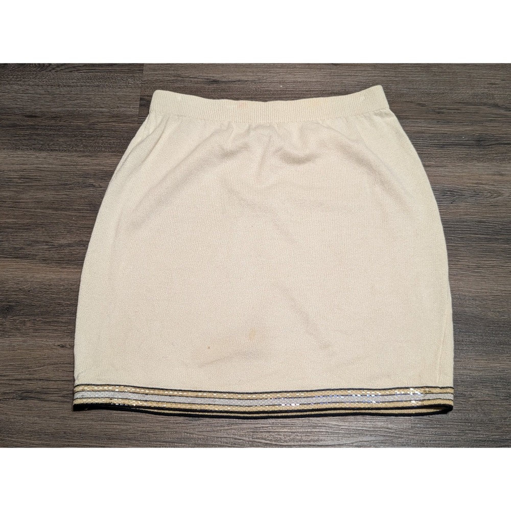 St John Evening Marie Gray Santana Knit Skirt Cream Metallic Trim Sz 12READ